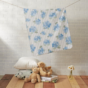 Elegant Blue Hydrangea Sage Green Gray Stripe Name Baby Blanket