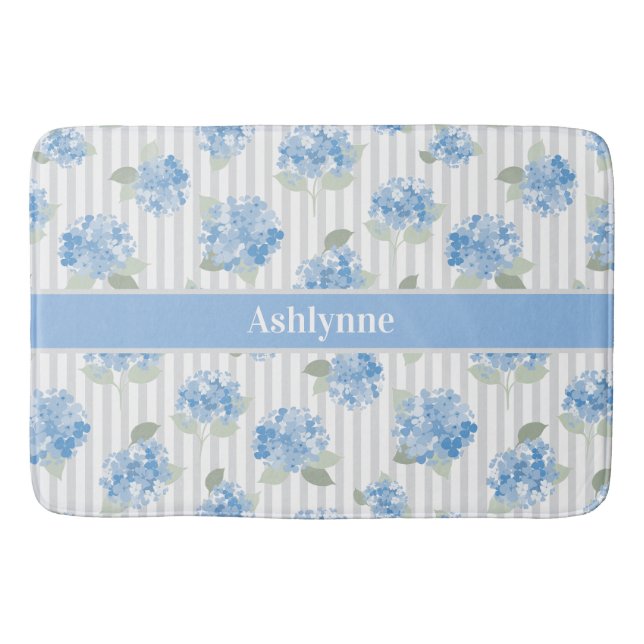 Elegant Blue Hydrangea Sage Green Gray Stripe Name Bath Mat (Front)