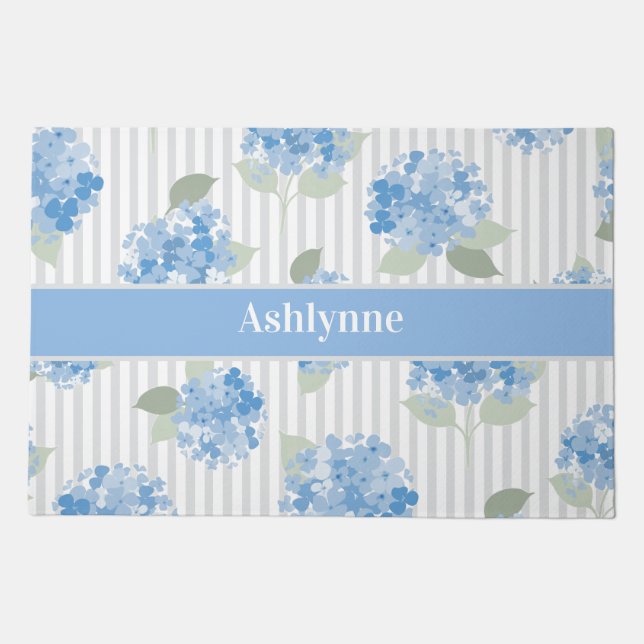 Elegant Blue Hydrangea Sage Green Gray Stripe Name Doormat (Front)