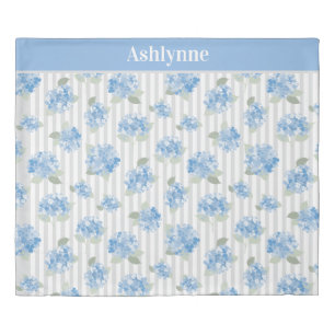 Elegant Blue Hydrangea Sage Green Gray Stripe Name Duvet Cover
