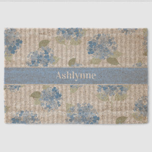 Elegant Blue Hydrangea Sage Green Gray Stripe Name Fiber Doormat