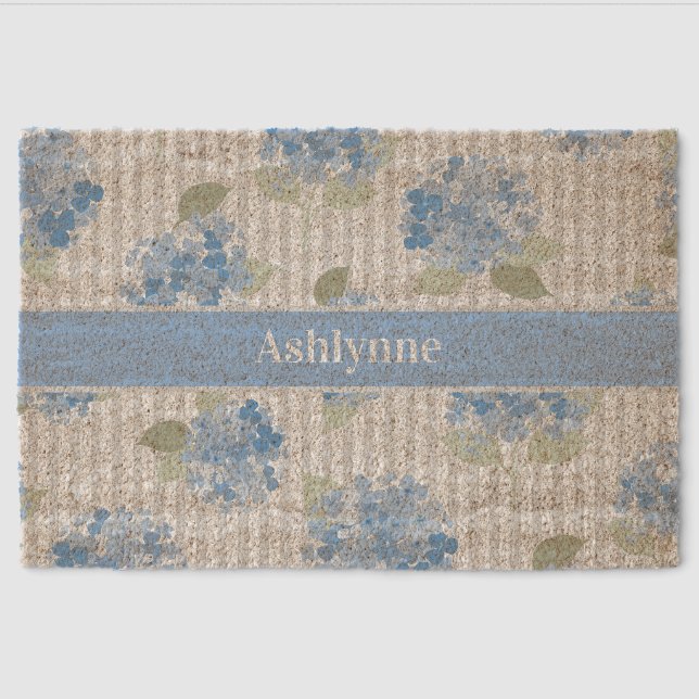 Elegant Blue Hydrangea Sage Green Gray Stripe Name Fiber Doormat (Front)