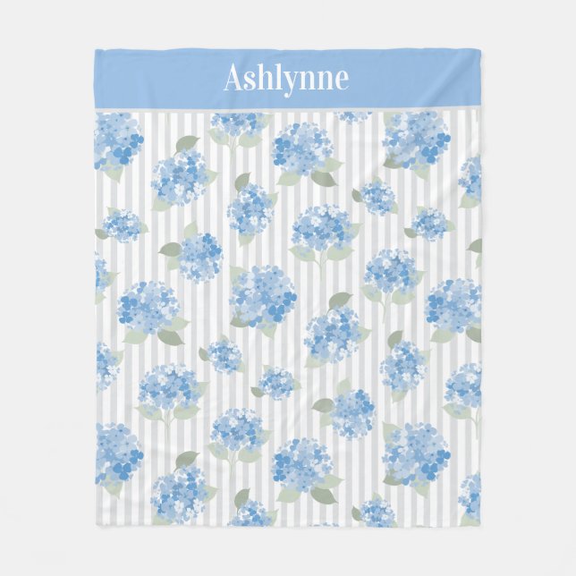 Elegant Blue Hydrangea Sage Green Gray Stripe Name Fleece Blanket (Front)