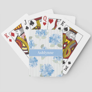 Elegant Blue Hydrangea Sage Green Gray Stripe Name Poker Cards