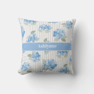 Elegant Blue Hydrangea Sage Green Gray Stripe Name Throw Pillow