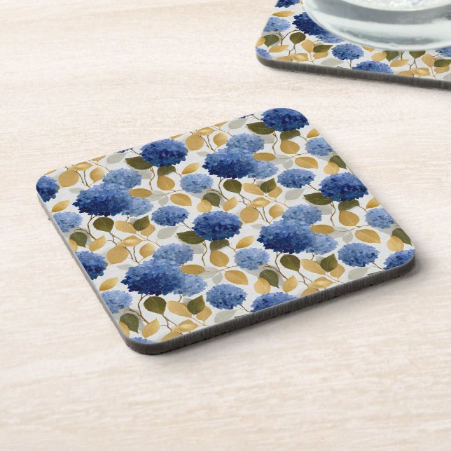  Elegant Blue Hydrangea Seamless Pattern Beverage Coaster (Left Side)