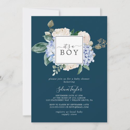 Elegant Blue Hydrangea Square Frame Its A Boy Invitation