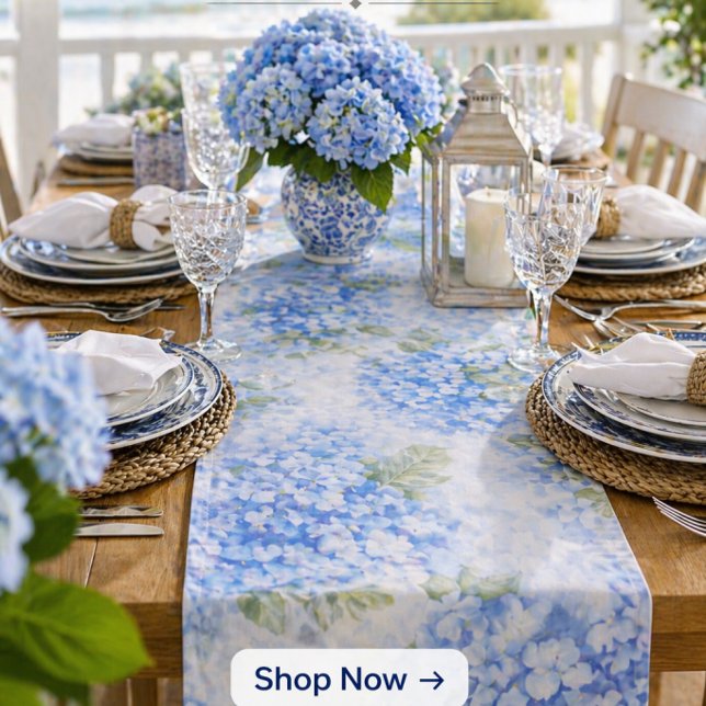 Elegant Blue Hydrangea Table Runner (Elevate your table instantly with elegant blue hydrangea coastal entertaining decor.)