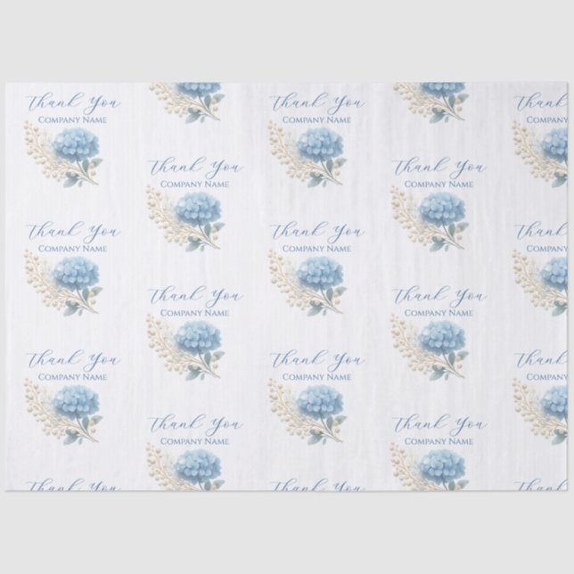 Elegant Blue Hydrangea Thank You Sticker Logo Tissue Paper (Front)