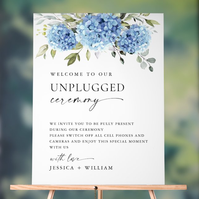 Elegant Blue Hydrangea Unplugged Wedding Ceremony Acrylic Sign (Neutral)