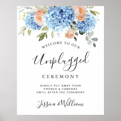 Elegant Blue Hydrangea Unplugged Wedding Ceremony Poster