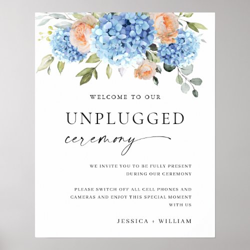 Elegant Blue Hydrangea Unplugged Wedding Ceremony Poster