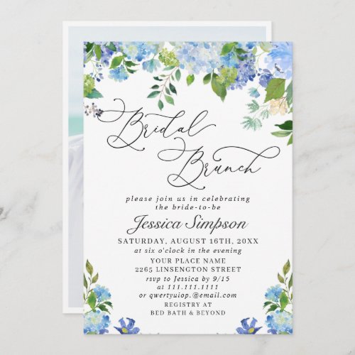 Elegant Blue Hydrangea Watercolor Bridal Brunch Invitation