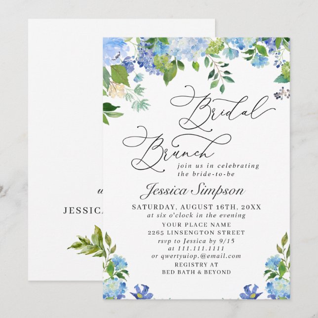 Elegant Blue Hydrangea Watercolor Bridal Brunch Invitation (Front/Back)