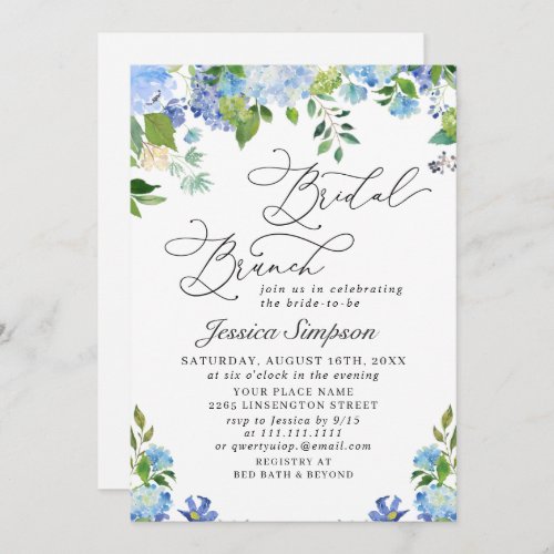 Elegant Blue Hydrangea Watercolor Bridal Brunch Invitation