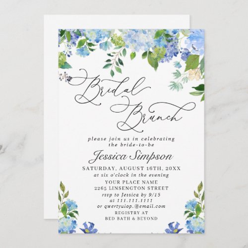 Elegant Blue Hydrangea Watercolor Bridal Brunch Invitation