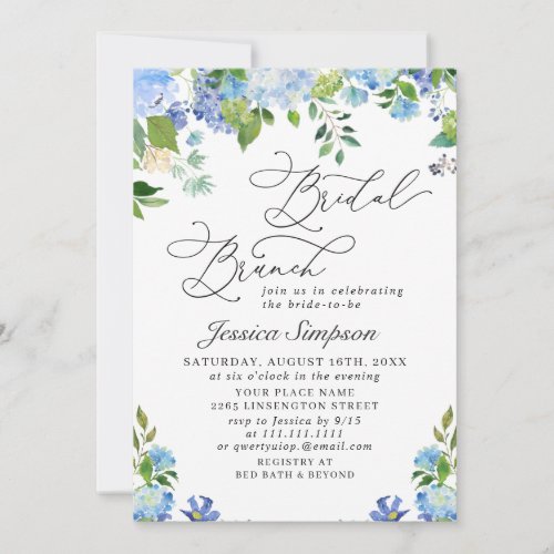 Elegant Blue Hydrangea Watercolor Bridal Brunch Invitation