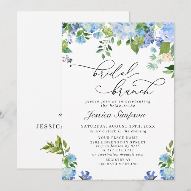 Elegant Blue Hydrangea Watercolor Bridal Brunch Invitation (Front/Back)