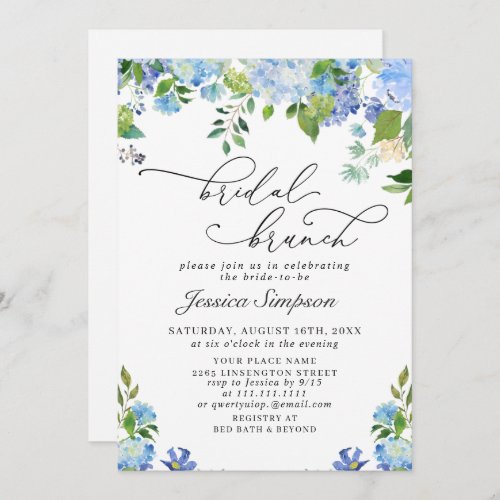 Elegant Blue Hydrangea Watercolor Bridal Brunch Invitation