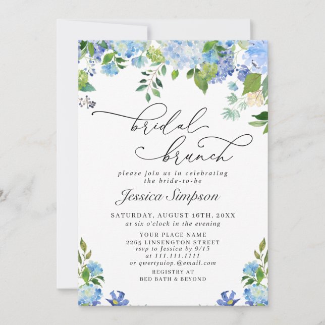 Elegant Blue Hydrangea Watercolor Bridal Brunch Invitation (Front)