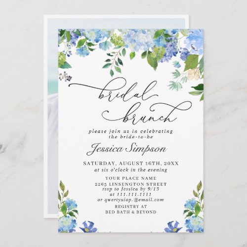 Elegant Blue Hydrangea Watercolor Bridal Brunch Invitation