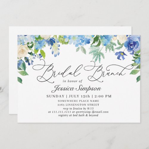 Elegant Blue Hydrangea Watercolor Bridal Brunch Invitation