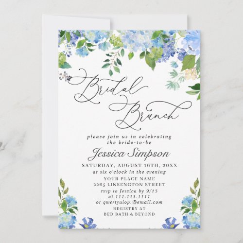 Elegant Blue Hydrangea Watercolor Bridal Brunch Invitation