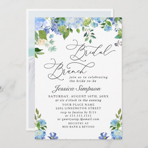 Elegant Blue Hydrangea Watercolor Bridal Brunch Invitation