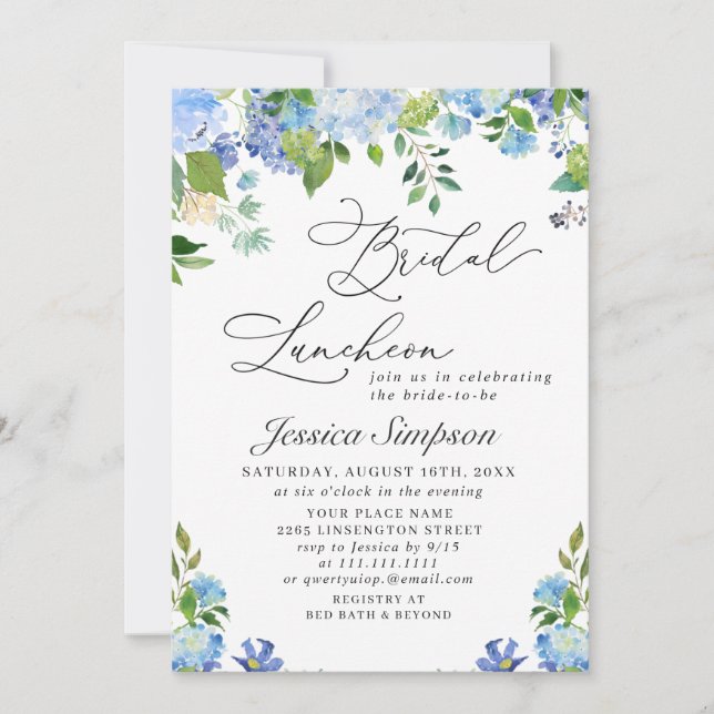 Elegant Blue Hydrangea Watercolor Bridal Luncheon Invitation (Front)