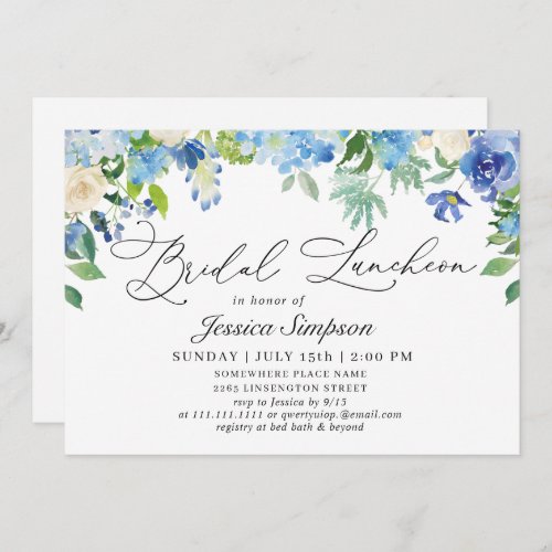 Elegant Blue Hydrangea Watercolor Bridal Luncheon Invitation