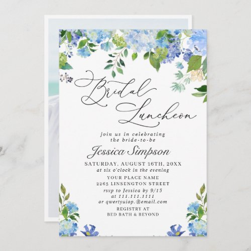 Elegant Blue Hydrangea Watercolor Bridal Luncheon Invitation