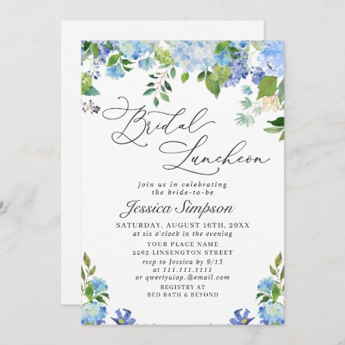 Elegant Blue Hydrangea Watercolor Bridal Luncheon Invitation