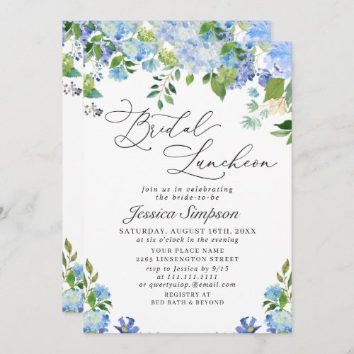 Elegant Blue Hydrangea Watercolor Bridal Luncheon Invitation