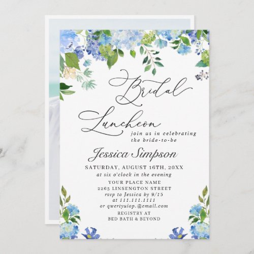 Elegant Blue Hydrangea Watercolor Bridal Luncheon Invitation