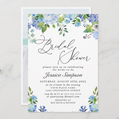 Elegant Blue Hydrangea Watercolor Bridal Shower In Invitation