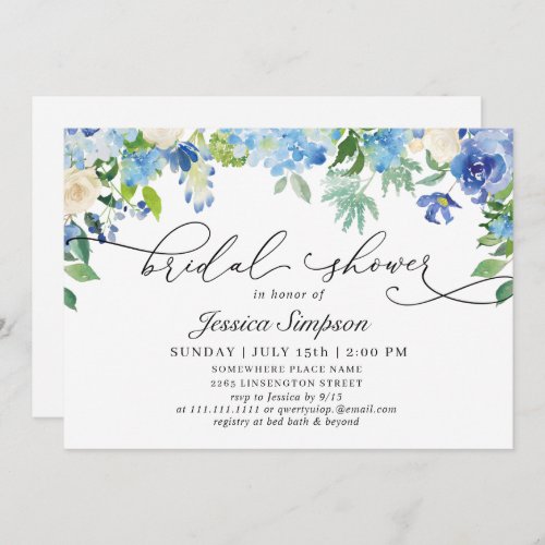 Elegant Blue Hydrangea Watercolor Bridal Shower Invitation