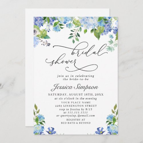 Elegant Blue Hydrangea Watercolor Bridal Shower Invitation