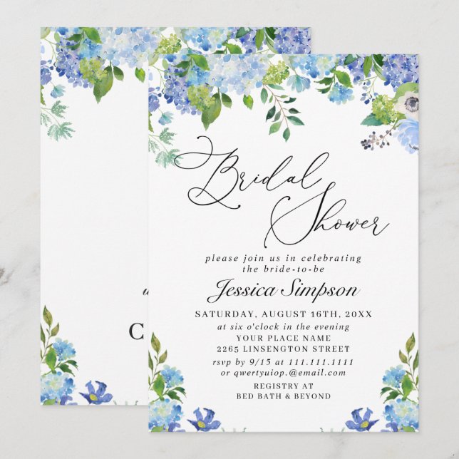 Elegant Blue Hydrangea Watercolor Bridal Shower Invitation (Front/Back)