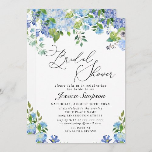 Elegant Blue Hydrangea Watercolor Bridal Shower Invitation