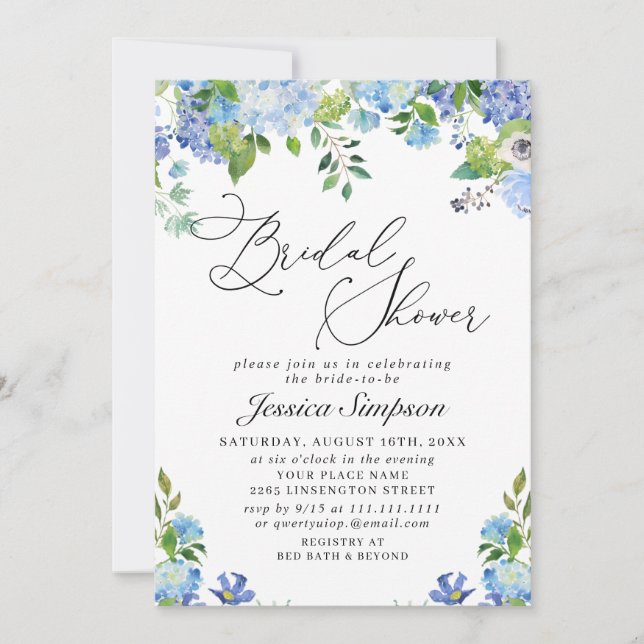 Elegant Blue Hydrangea Watercolor Bridal Shower Invitation (Front)