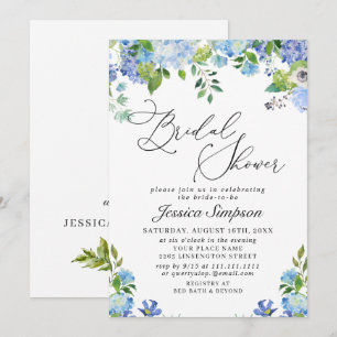 Elegant Blue Hydrangea Watercolor Bridal Shower Invitation