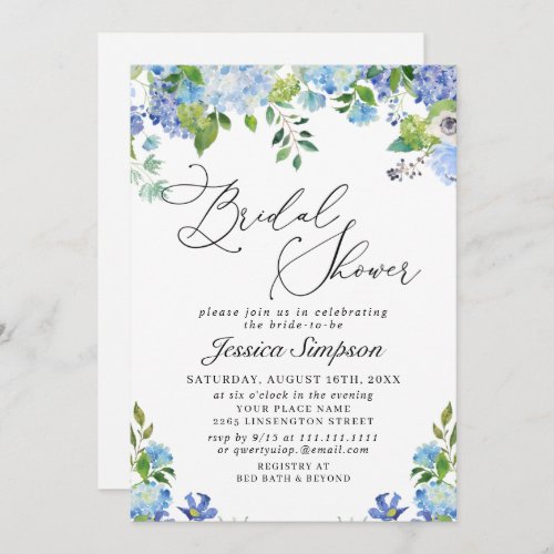 Elegant Blue Hydrangea Watercolor Bridal Shower Invitation