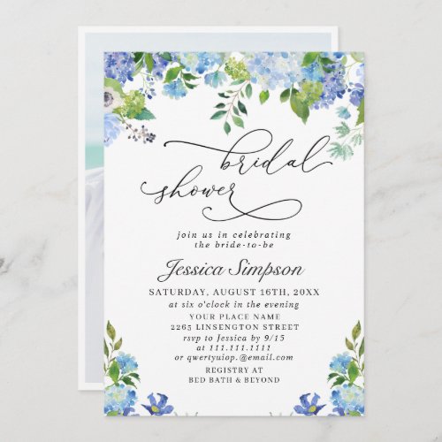 Elegant Blue Hydrangea Watercolor Bridal Shower Invitation