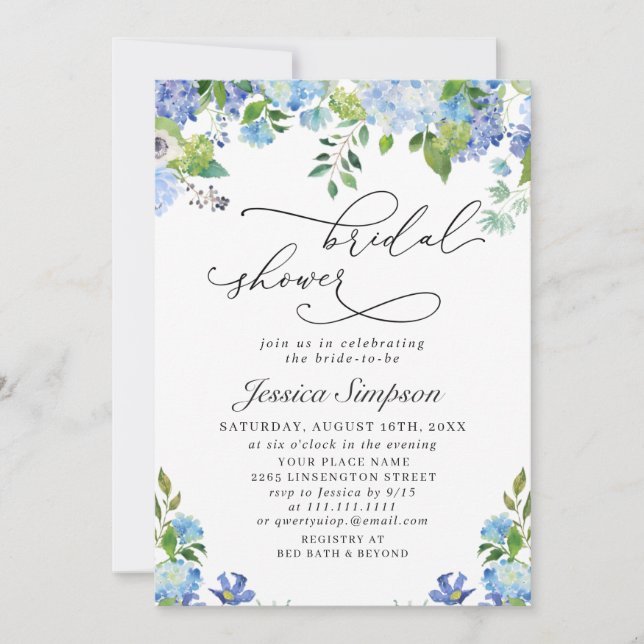Elegant Blue Hydrangea Watercolor Bridal Shower Invitation (Front)