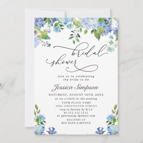 Elegant Blue Hydrangea Watercolor Bridal Shower Invitation