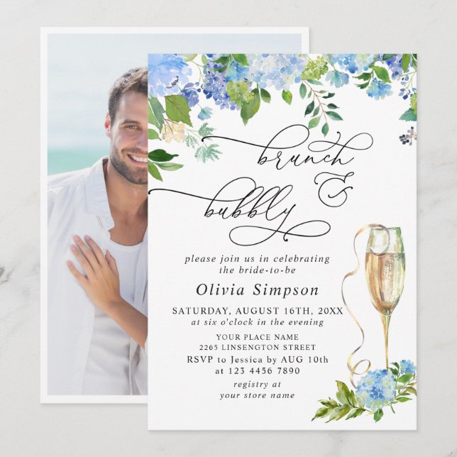 Elegant Blue Hydrangea Watercolor Brunch & Bubbly Invitation (Front/Back)