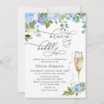 Elegant Blue Hydrangea Watercolor Brunch & Bubbly Invitation Zazzle