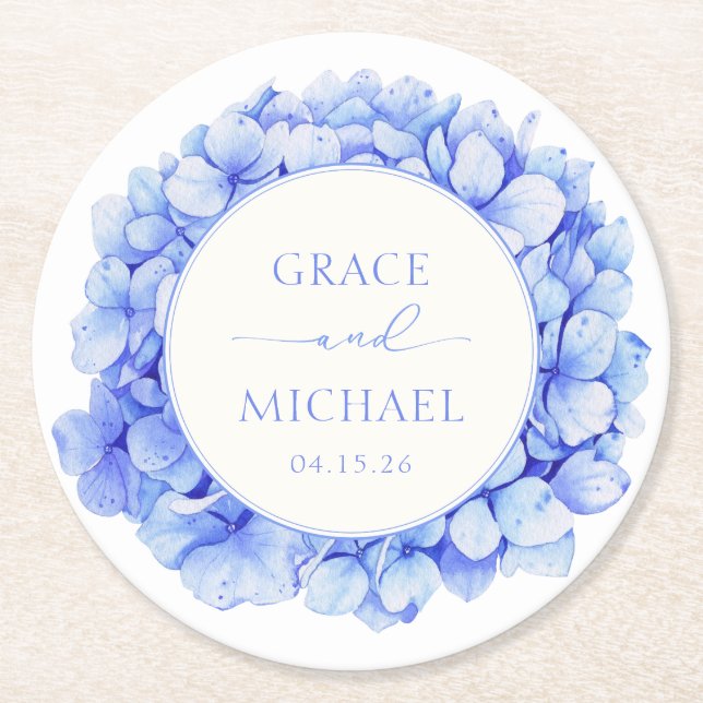 Elegant Blue Hydrangea Watercolor Floral Wedding Round Paper Coaster (Front)