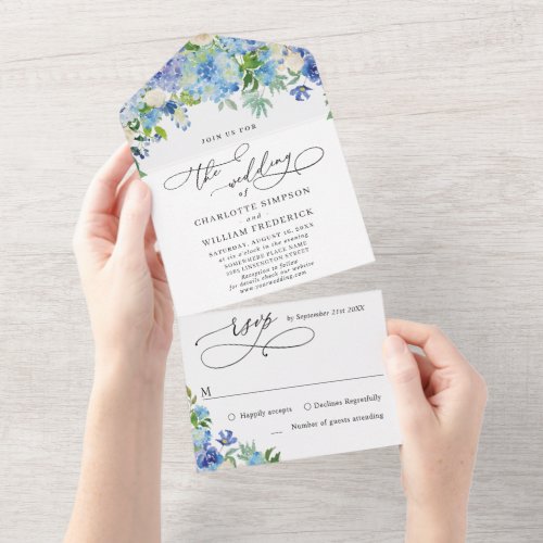 Elegant Blue Hydrangea Watercolor Greenery Wedding All In One Invitation