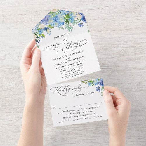 Elegant Blue Hydrangea Watercolor Greenery Wedding All In One Invitation